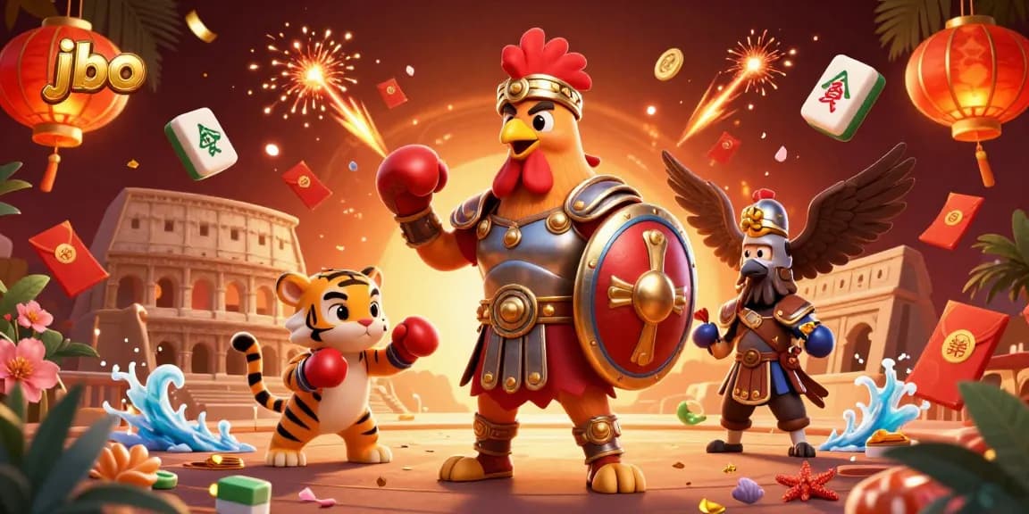 Experience thrilling jbo gameplay with a dynamic scene featuring a gladiator rooster and casino elements.