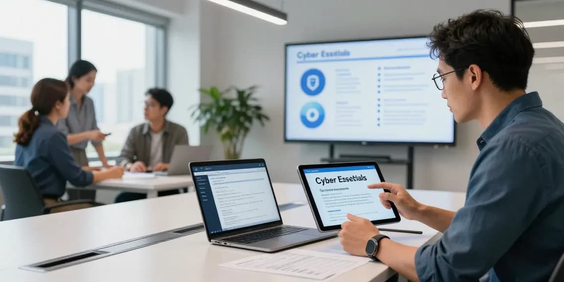 Cyber Essentials certification discussed in a modern office with team collaboration and digital tools for compliance.