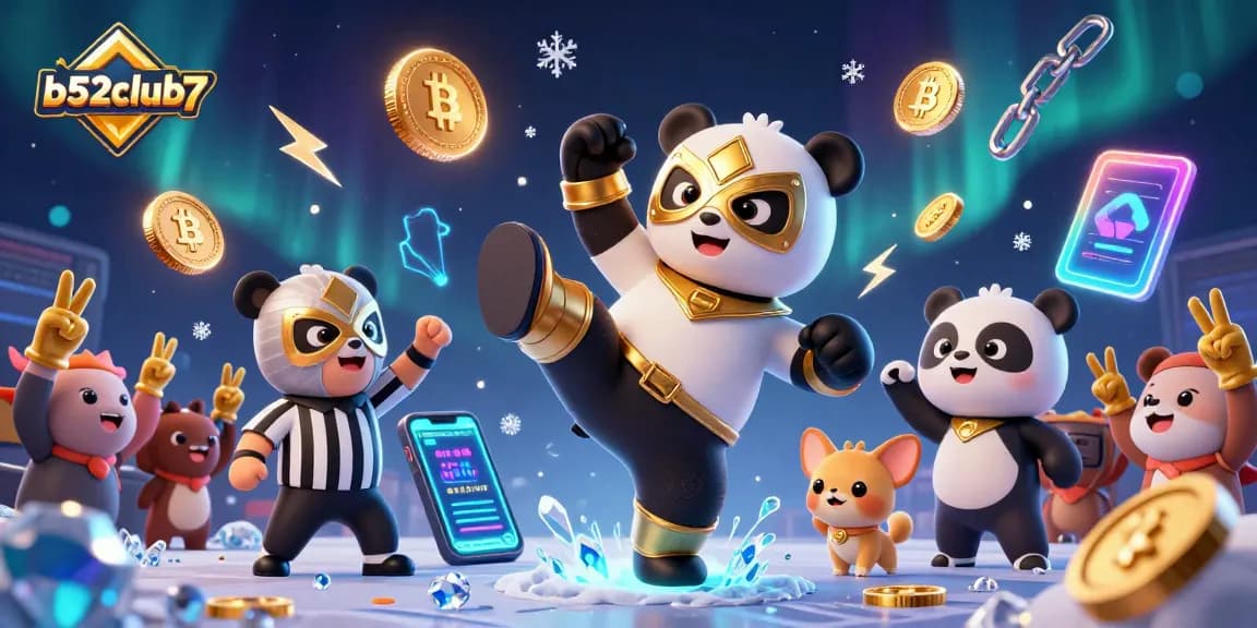 b52club7 offers thrilling gaming excitement with a dynamic scene featuring a wrestler panda and crypto elements.