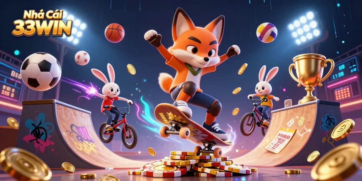 Experience thrilling gaming at Nhà cái 33WIN with dynamic casino symbols and vibrant characters.