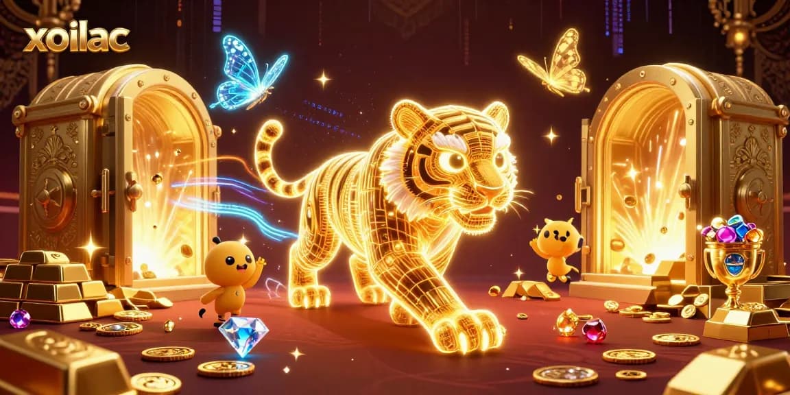 Xoilac features a golden tiger in a dazzling casino landscape, embodying winning energy.