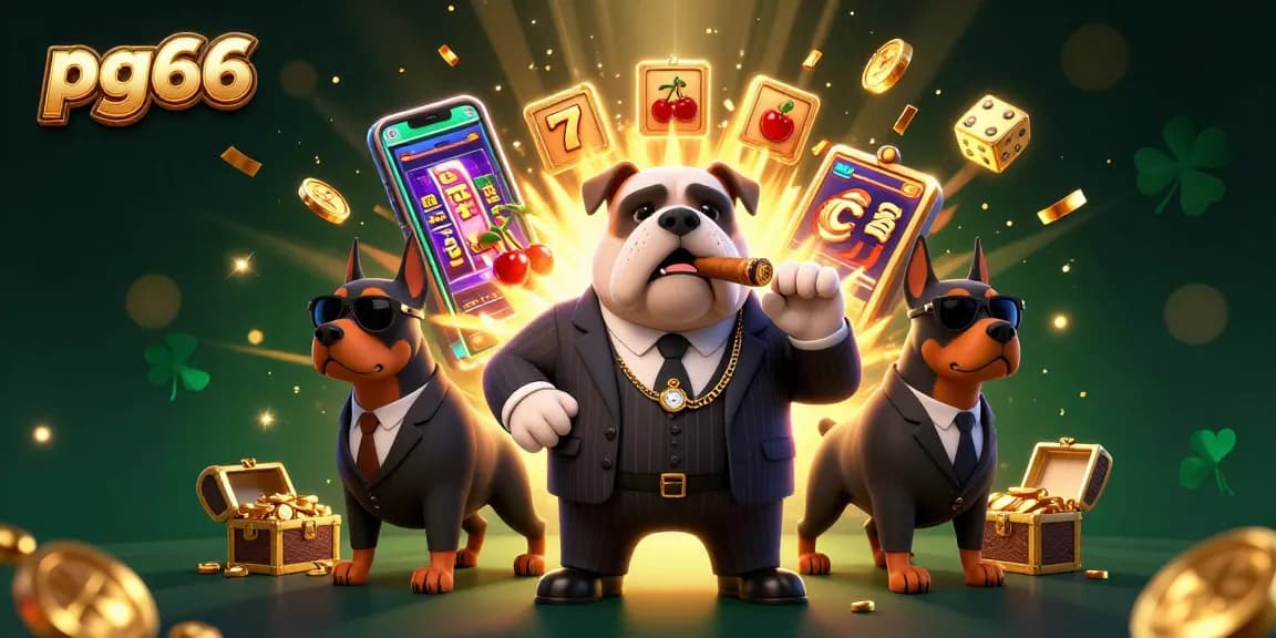 Join the excitement at pg66 with a vibrant casino scene featuring a bulldog mafia boss and jackpot elements.