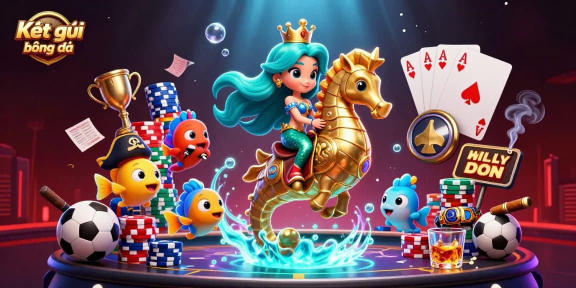 Kết quả bóng đá displayed in vibrant underwater scene with a sports theme, featuring mermaid and seahorse.