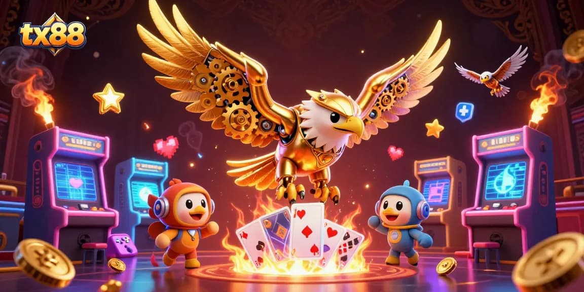 tx88 showcases a cybernetic golden eagle diving through holographic cards in a vibrant casino scene