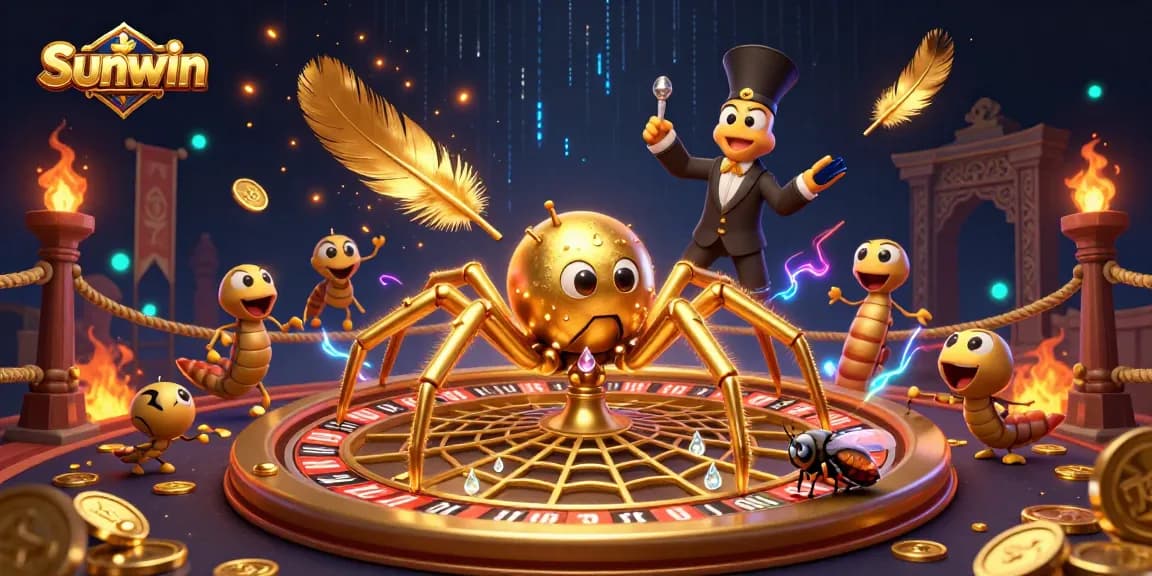 Sunwin atmosphere comes alive with a golden spider spinning a roulette web while a fly places bets nervously in a vibrant casino.