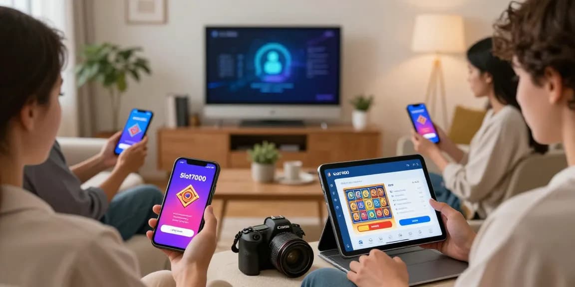 Users accessing Slot7000 app in a cozy living room, showcasing easy login and secure features.