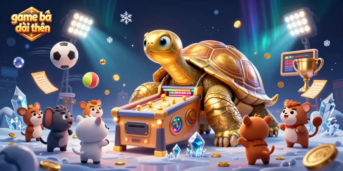 Exciting scene showcasing game bài đổi thưởng with a golden tortoise and dynamic sports balls, illustrating thrilling online gaming.