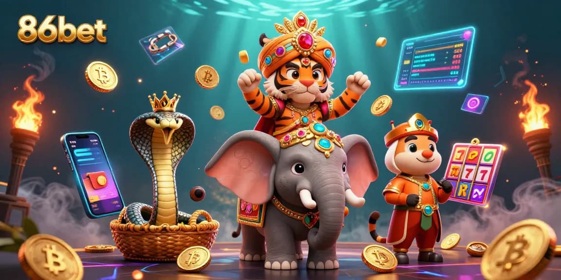 Experience the excitement of 86bet with vibrant 3D characters and casino elements in a stunning illustration.