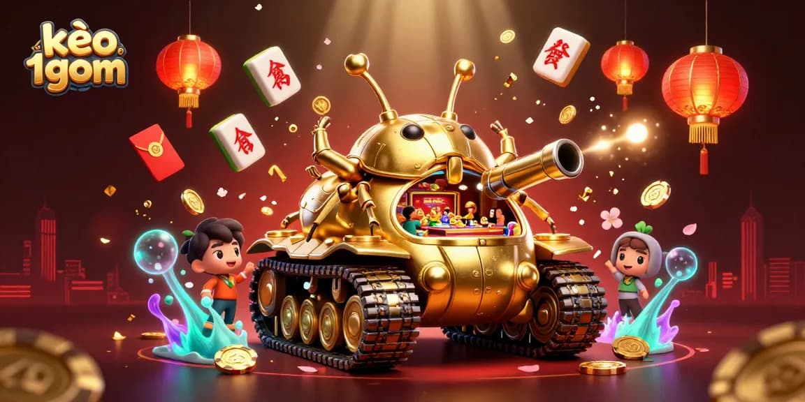 Experience kèo 1gom with a vibrant 3D casino scene filled with dynamic characters and festive elements.