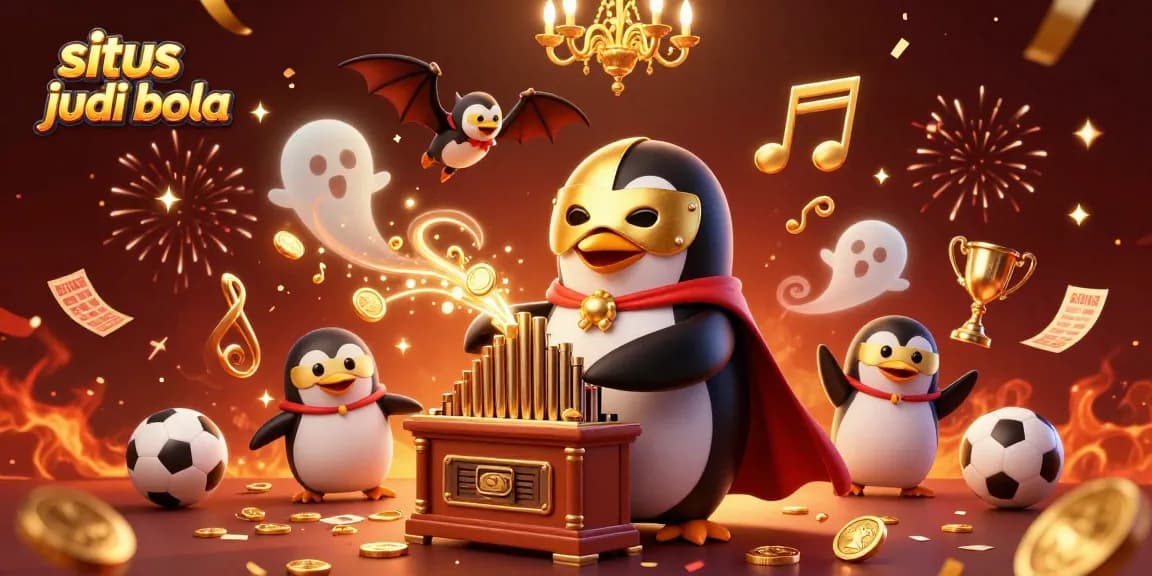 Situs judi bola features a lively scene with a phantom opera penguin at a pipe organ amidst sports betting elements.