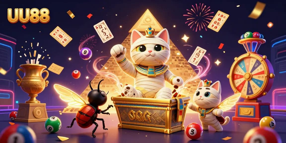 Experience the excitement of UU88 with a vibrant 3D illustration of a casino scene bursting with colorful games and characters.