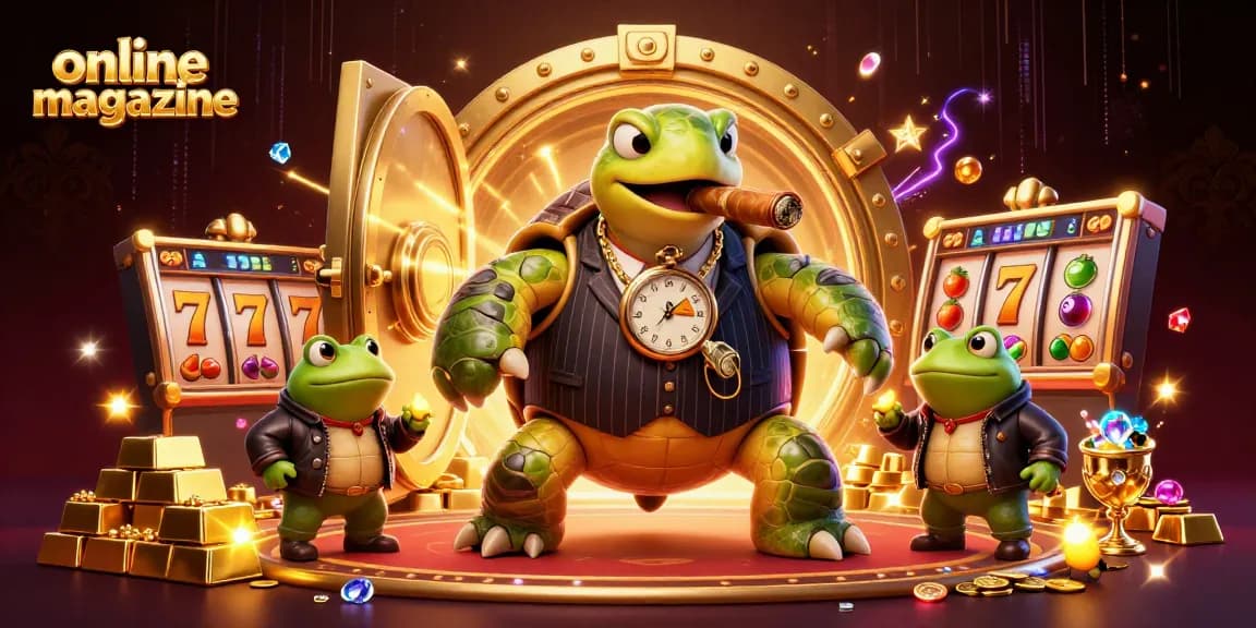 Experience the excitement of our online magazine featuring a lively casino scene with a cartoon turtle and bullfrog enforcers.