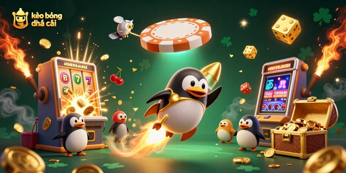 Engage with kèo bóng đá nhà cái through vivid 3D casino action featuring a penguin and slot imagery.