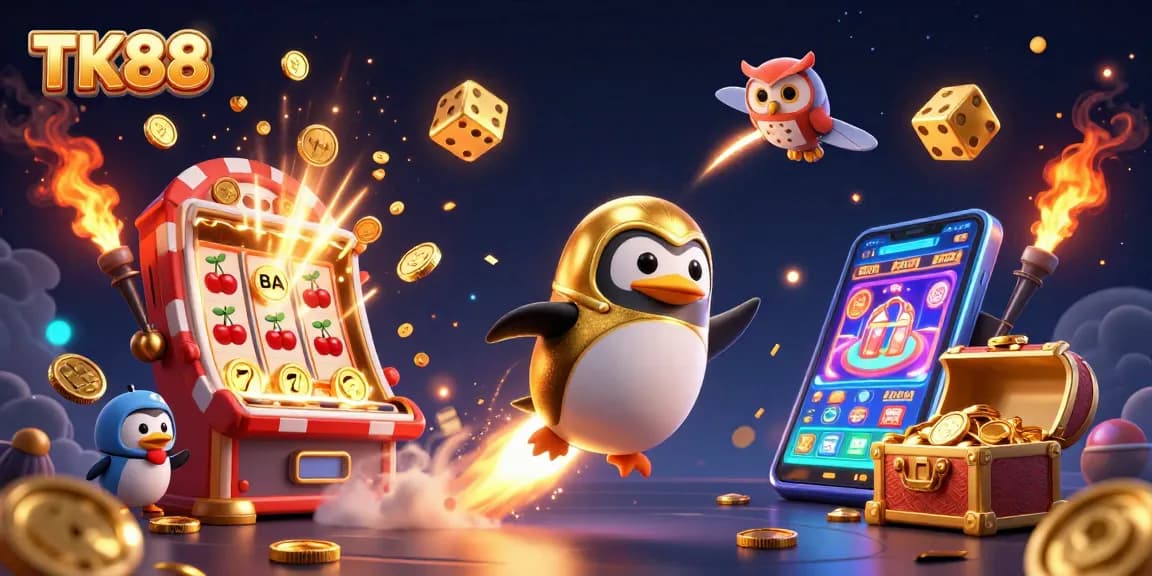 Immerse in thrilling wins at TK88 with a golden penguin blasting through casino space!