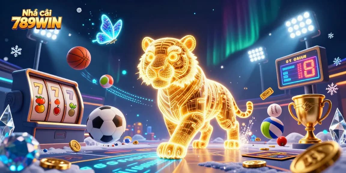 Experience thrilling moments at Nhà cái 789WIN with dynamic visuals of a digital casino landscape and exciting gaming elements.