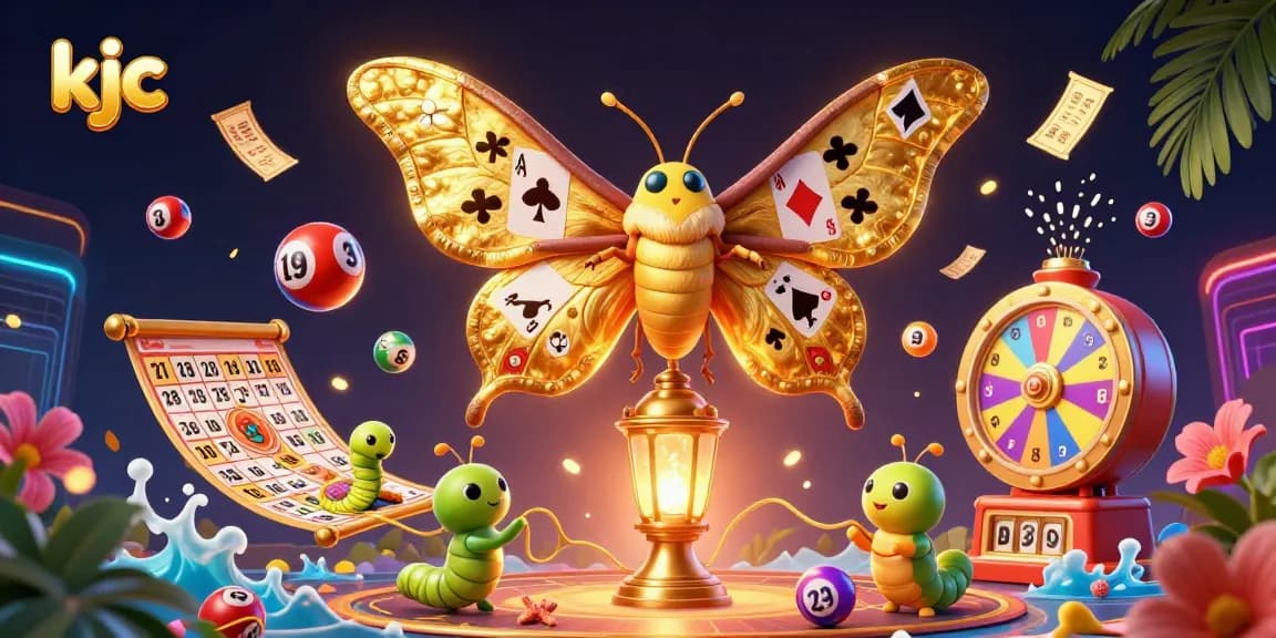 Engage with kjc's vibrant casino world as the moth elegantly showcases playing cards amidst festive elements.