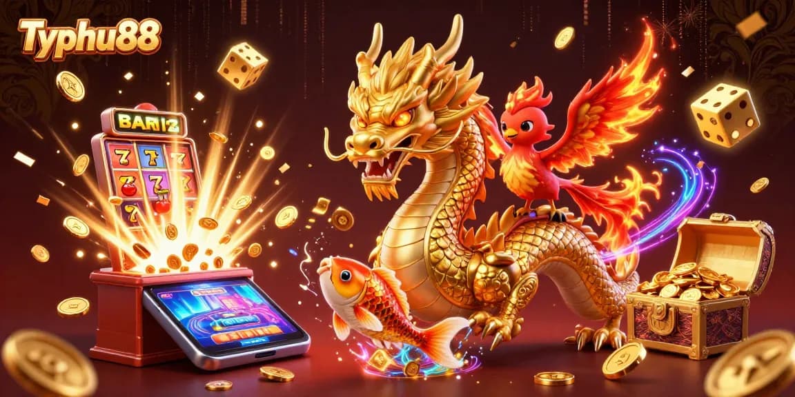 Experience Typhu88's thrilling online gaming with a vibrant and dynamic casino scene filled with dragons, dragons, and gold coins.