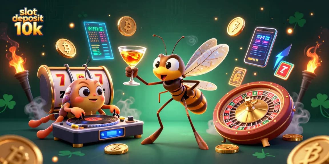 Engage in thrilling slot deposit 10k experiences with unique casino-themed with retro characters, coins, and a vibrant digital atmosphere.