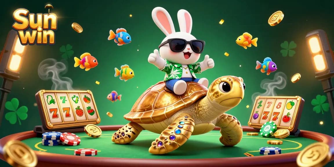 Experience thrilling fun in Sun win's vibrant casino scene with a lucky rabbit and golden turtle.