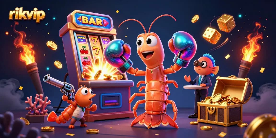 rikvip players enjoy slot games with vibrant shrimp characters and casino elements exploding in excitement.