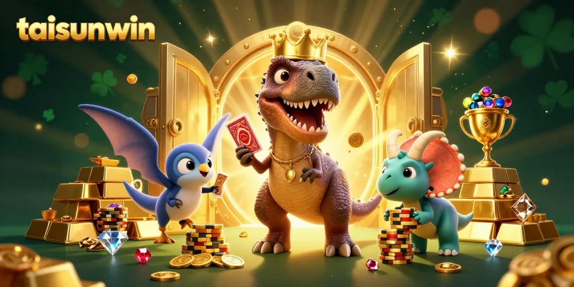 Join the fun with taisunwin as a friendly T-Rex shuffles cards and wins big!