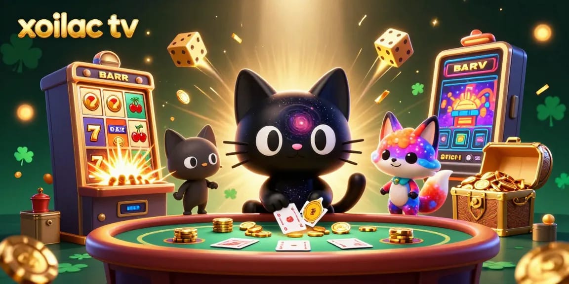 Xoilac TV showcases a cosmic casino scene with a black hole cat and nebula fox bringing excitement to the gambling experience.