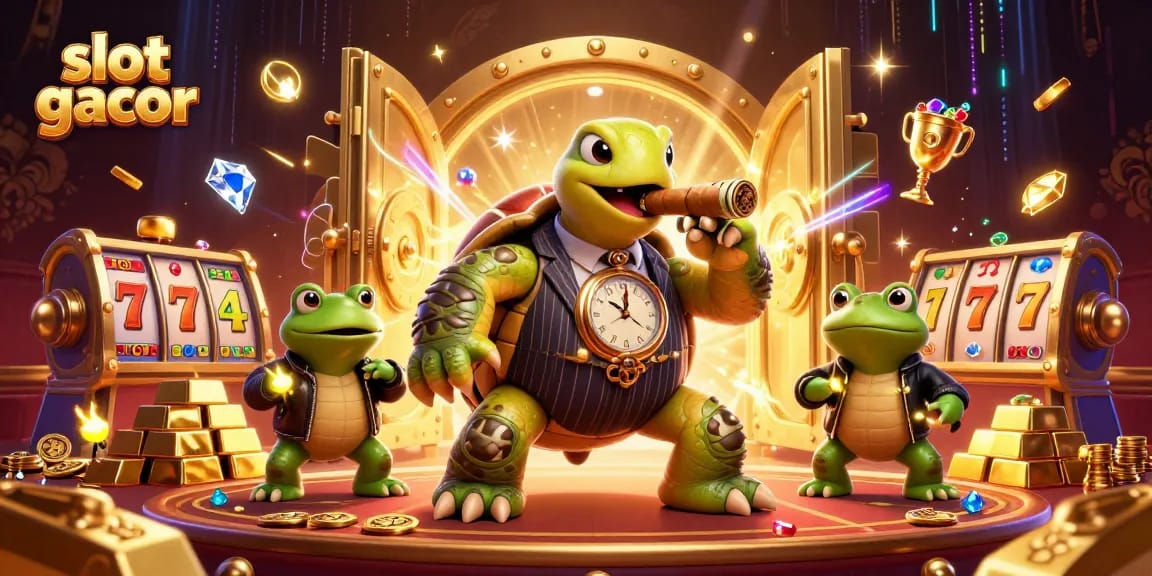 Experience the thrills of slot gacor with an exciting illustration featuring a massive turtle in a suit surrounded by gaming symbols.