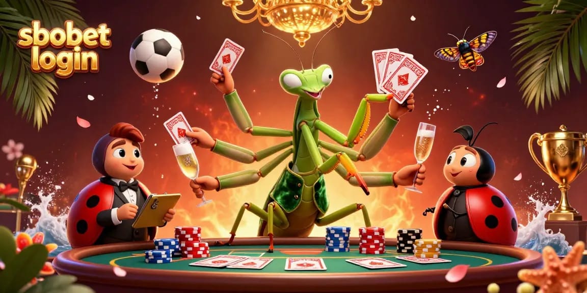 Experience sbobet login with a lively illustration showing a giant mantis card sharp amidst dynamic sports betting elements.