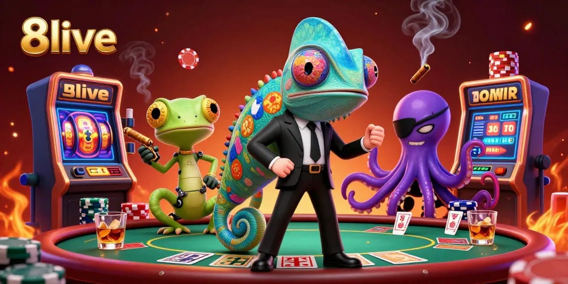 8live chameleon secret agent at a vibrant casino, showcasing thrilling poker dynamics and festive energy.