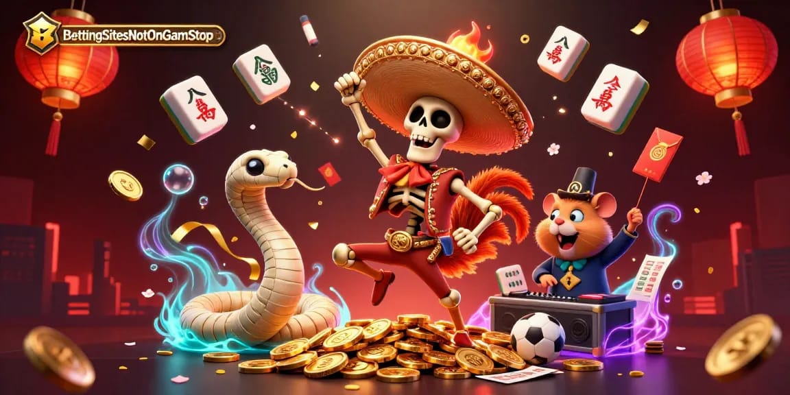 BettingSitesNotOnGamStop showcases a lively scene with a 3D mariachi rooster and friends celebrating sports betting excitement.