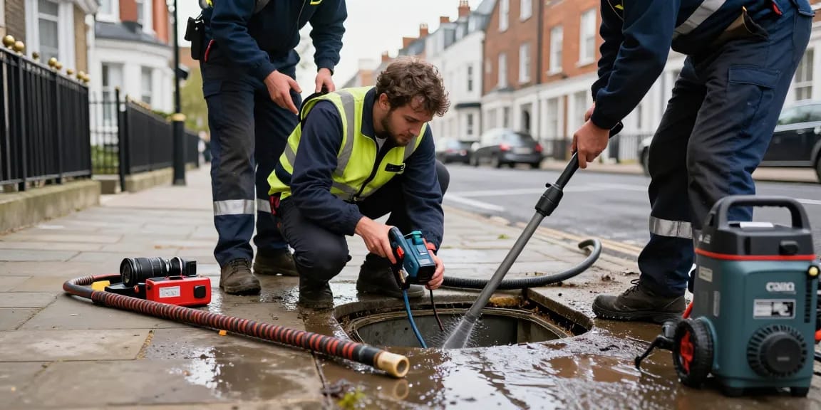 Blocked drain repairs London by professionals showcasing a technician inspecting a drain with advanced tools.