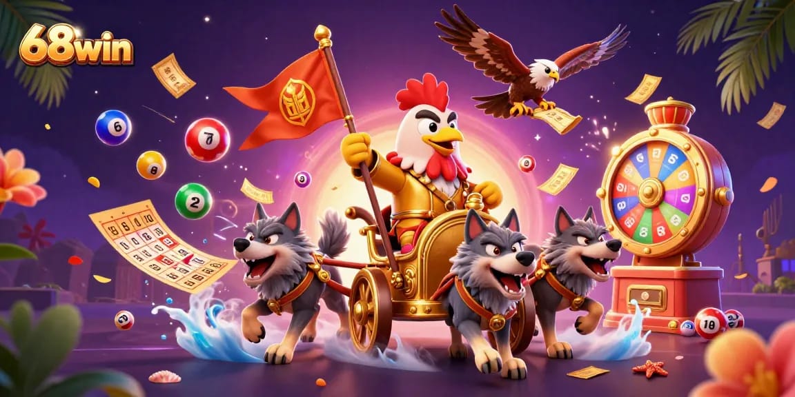 Experience thrilling action with 68win as vibrant lottery elements and a rooster warlord combine.