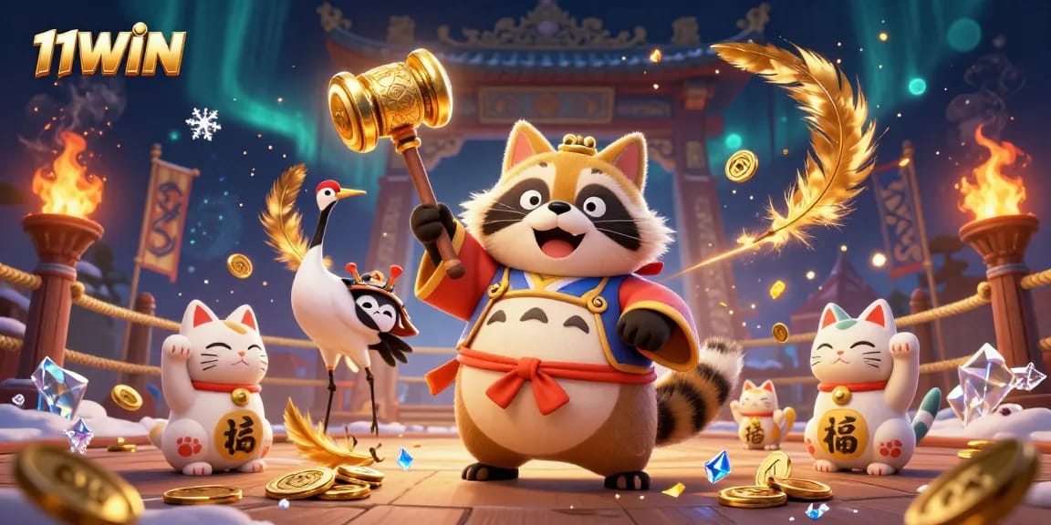 Experience the excitement of 11WIN casino with vibrant characters and gold coins in a dynamic digital illustration.