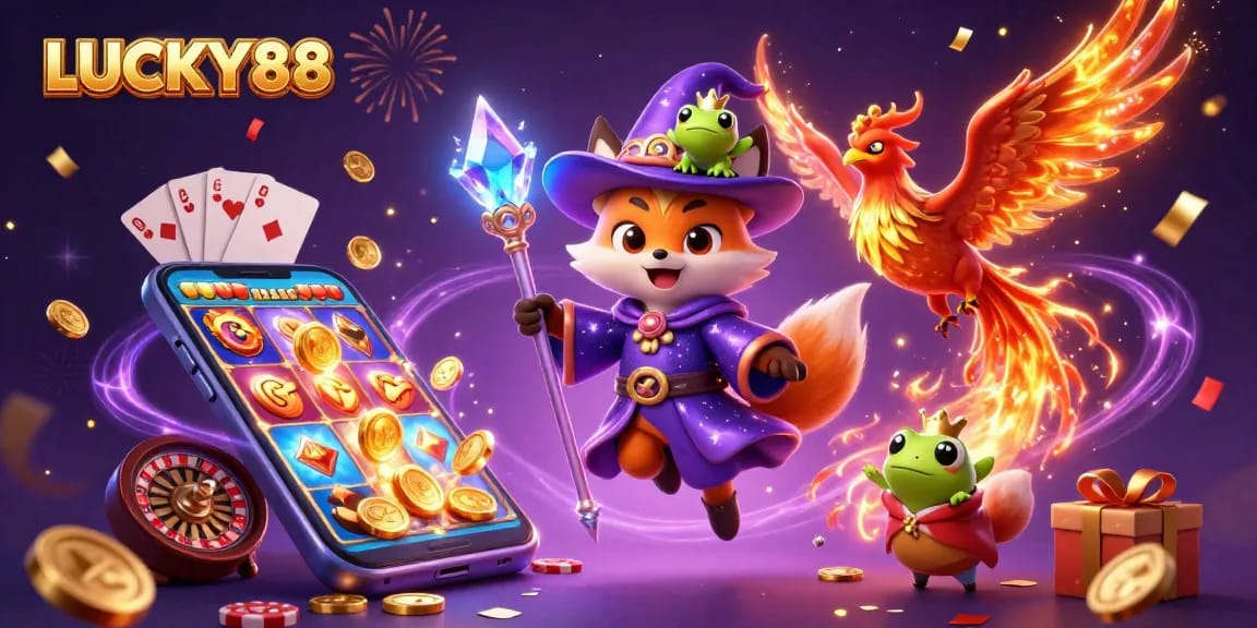 Win big with LUCKY88 as a whimsical wizard fox, phoenix, and enchanted frog illustrate a vibrant casino scene.