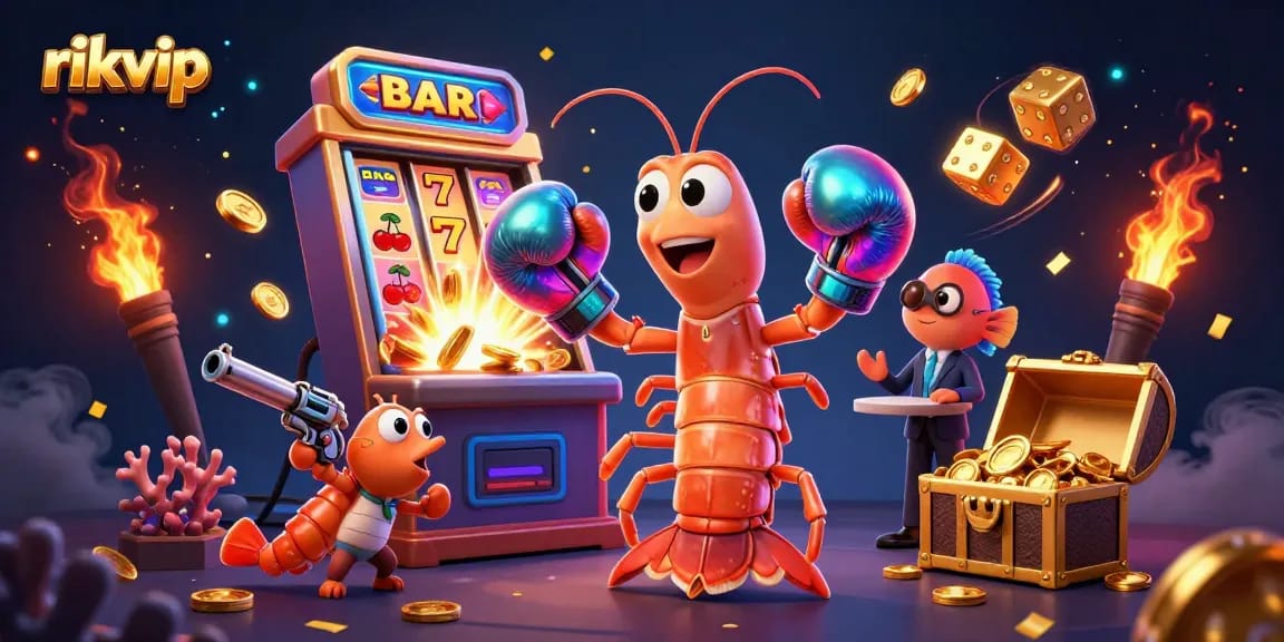 rikvip players enjoy slot games with vibrant shrimp characters and casino elements exploding in excitement.