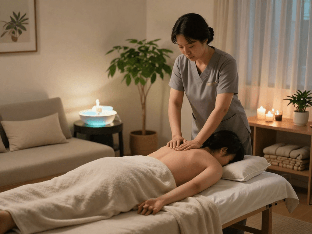 Enjoying 월곶출장마사지 in a cozy home setting with a professional therapist, emphasizing relaxation and comfort.