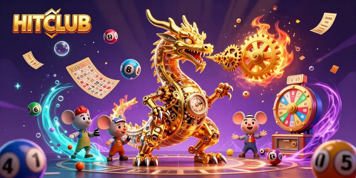 Experience HITCLUB's dynamic casino world with a golden dragon amidst colorful game elements.