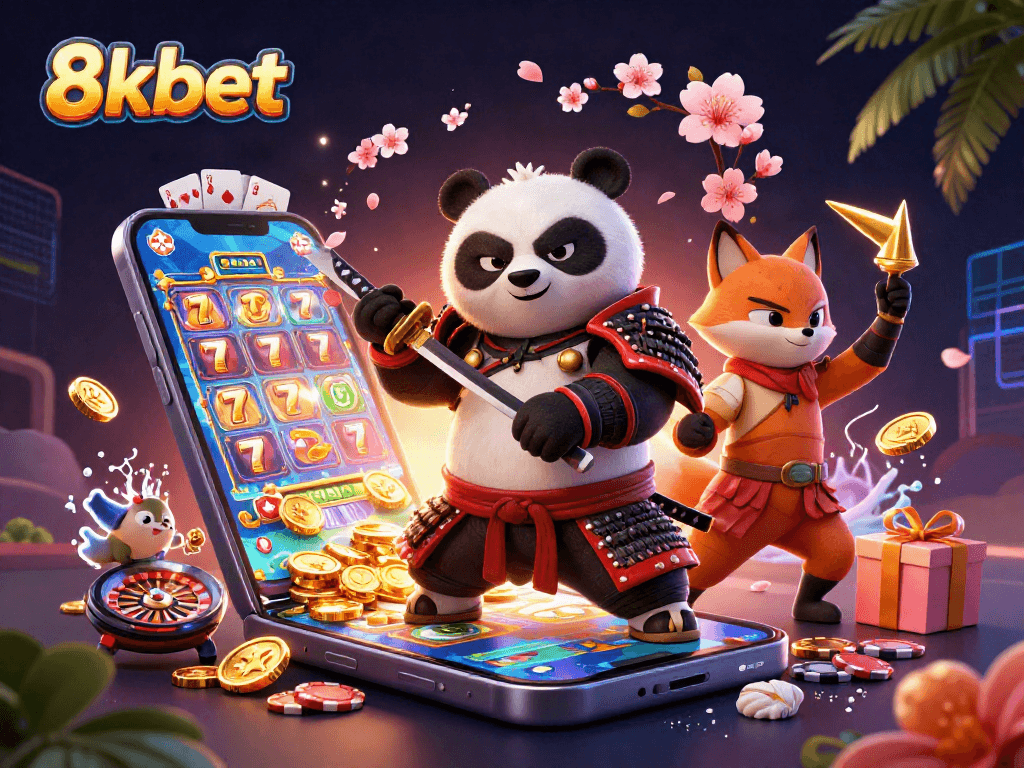 Experience high-stakes action with 8kbet featuring vibrant samurai panda and engaging slot game elements.
