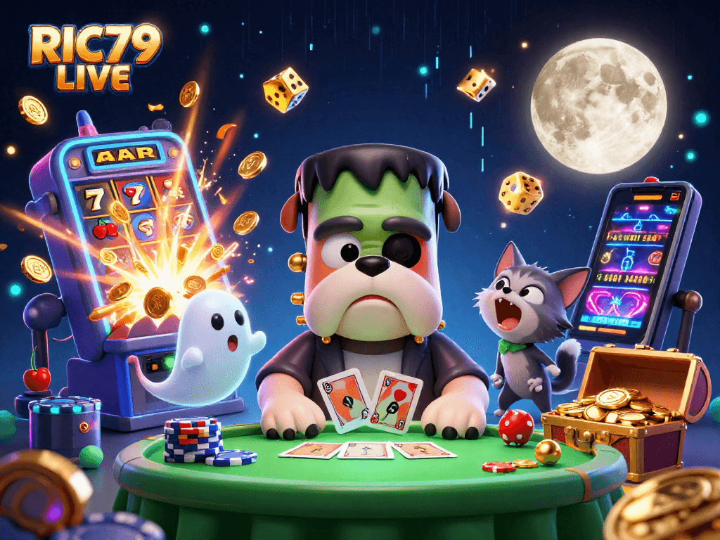 Play thrilling RIC79 LIVE casino games with a vibrant illustration of characters and action.