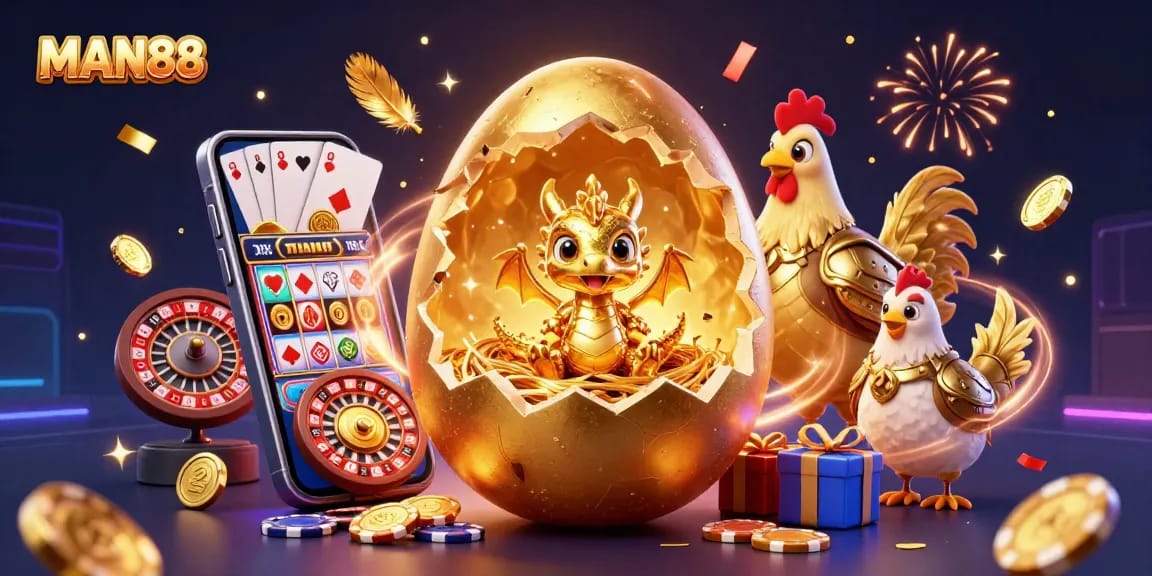 Bet big with MAN88 as a golden dragon emerges from a nest of poker chips amidst lively casino elements.