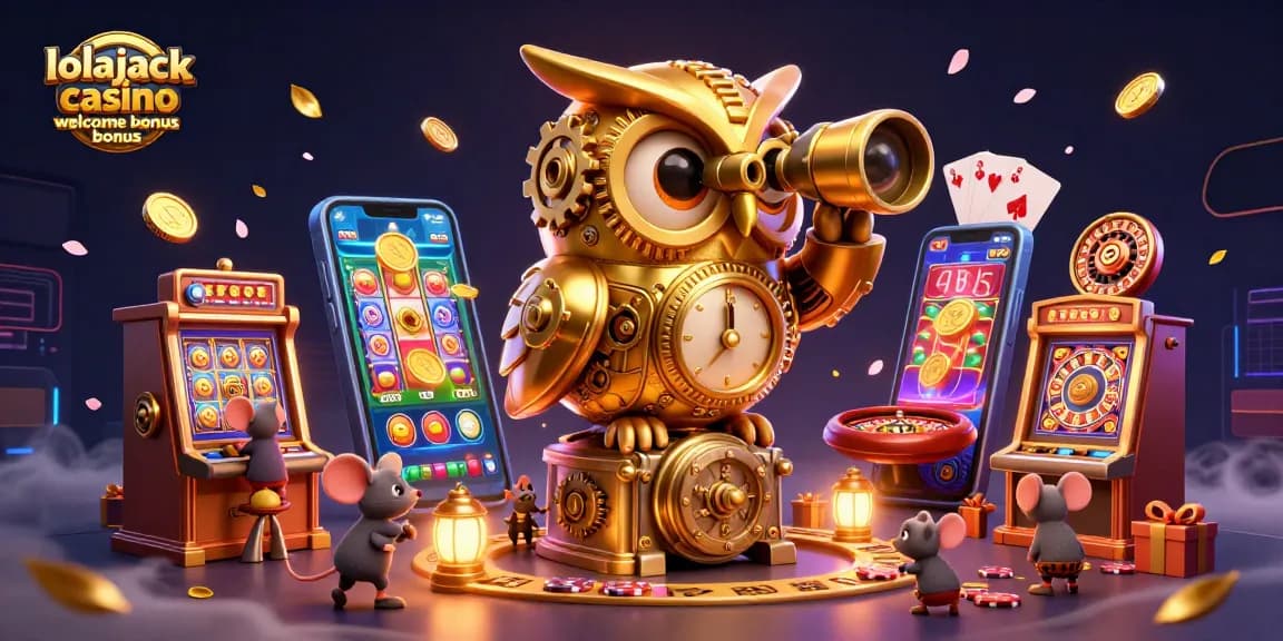 Experience the excitement of lolajack casino welcome bonus with a 3D golden owl overseeing the vibrant gaming floor.
