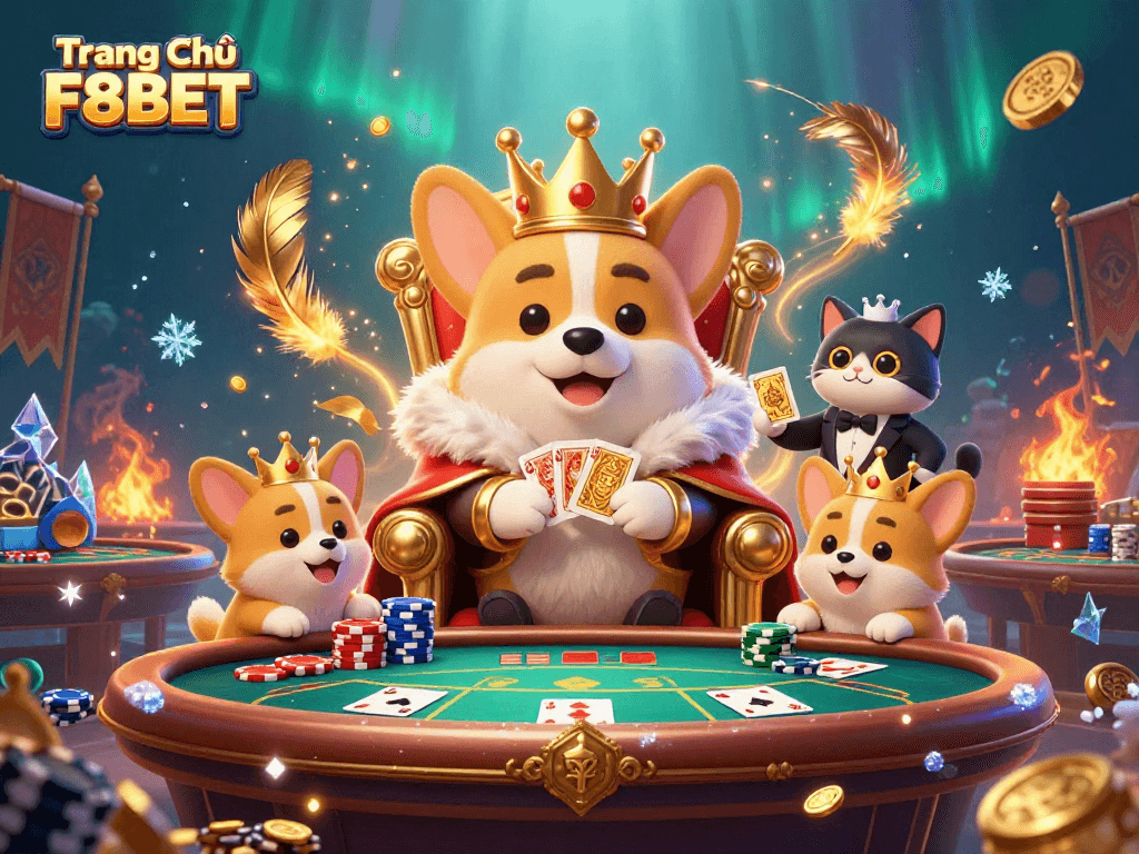 Experience exciting gaming at Trang Chủ F8BET with the royal corgi and engaging casino elements in a vibrant atmosphere.