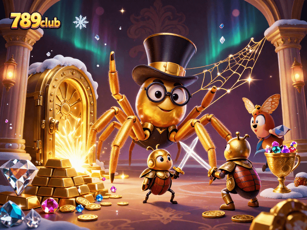 Engage with the vibrant world of 789club through golden treasures and playful characters in this stunning casino art.