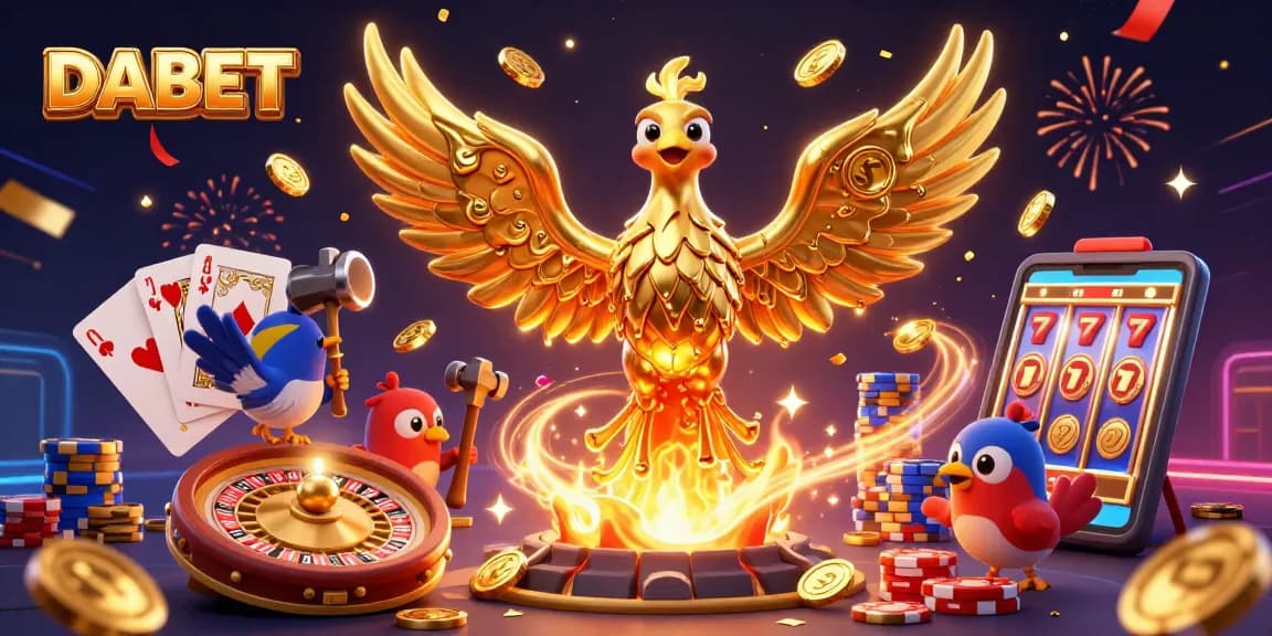 DABET players winning big with majestic phoenix and sparkling casino elements, capturing excitement.