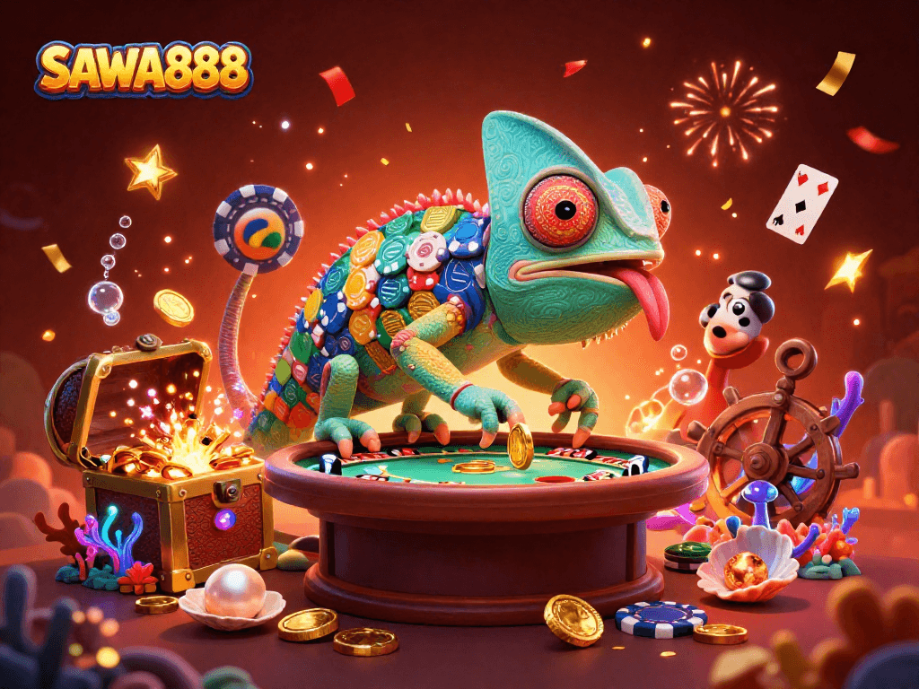 Experience thrilling gameplay at SAWA888, featuring vibrant scenes of casino excitement and animated chameleon.