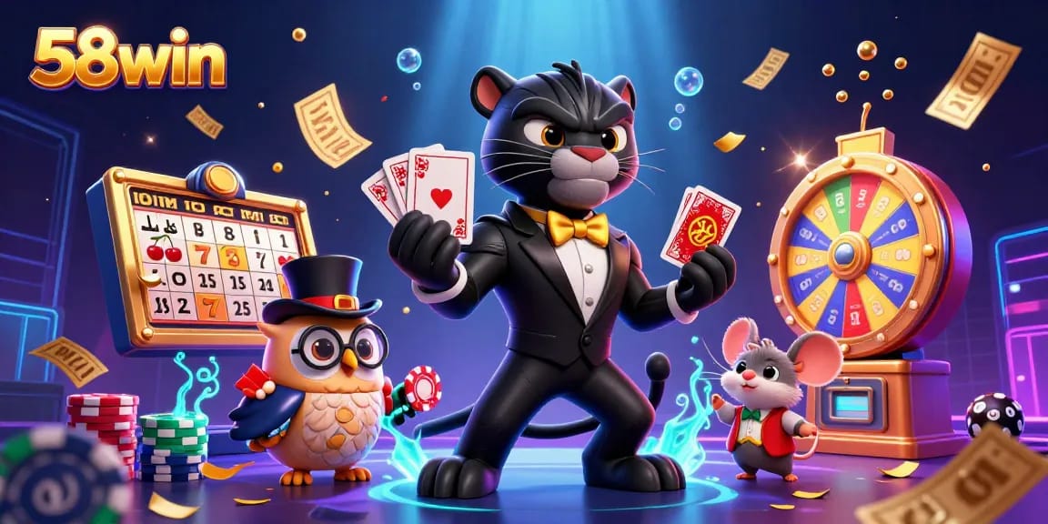 Experience thrilling gaming at 58win with vibrant slot reels and engaging characters.