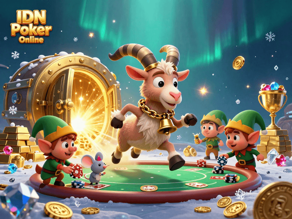 Engage with IDN Poker Online as festive Krampus, angel mouse, and gremlins animate poker gaming chaos.