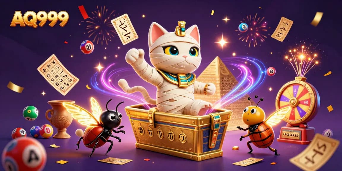 AQ999, the Egyptian mummy cat and scarab beetle celebrate with winning elements in a vibrant casino scene.