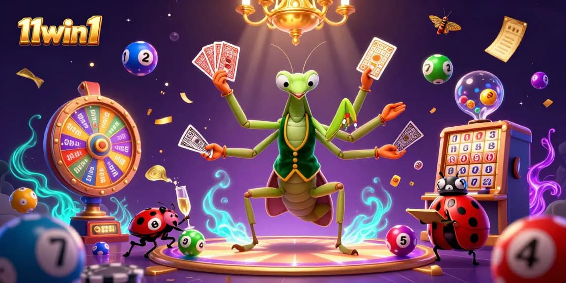Engage with 11win1's vibrant casino scene featuring a praying mantis card sharp and ladybug pit boss.