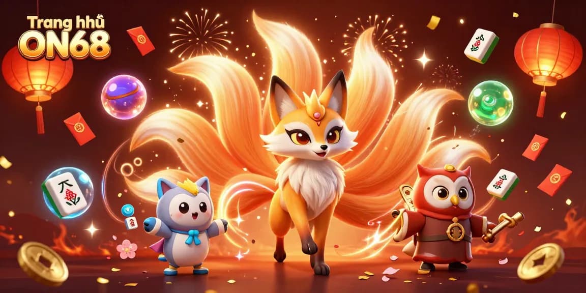 Engage with the vibrant world of Trang chủ ON68, showcasing a mystical fox spirit, wise owl, and colorful magical elements.